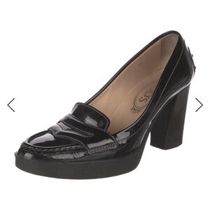 Tod's Black Patent Leather Heeled Loafers